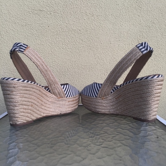 Blue and White Striped Slingback Espadrille Wedges - Picture 5 of 8